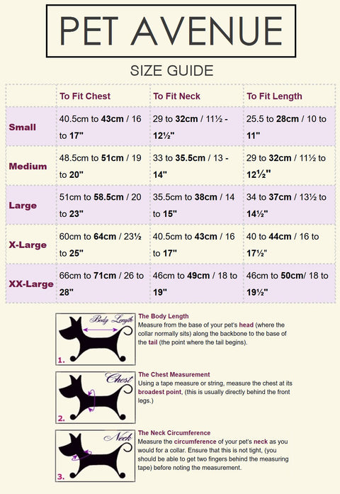 Size guide for Pet Avenue's Pink Herringbone Dog Coat